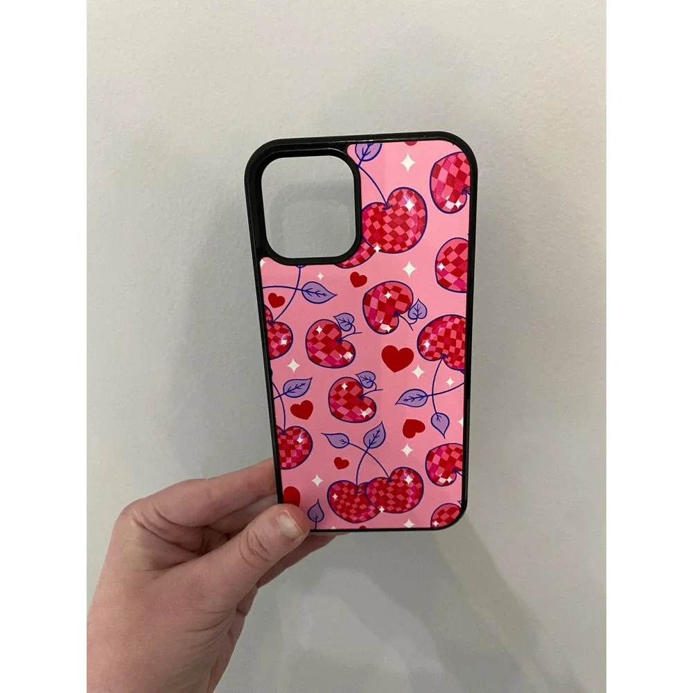 iPhone 12 12 Pro Case Pink Red Checkered Cherry Heart Disco Ball Graphic Cover‎